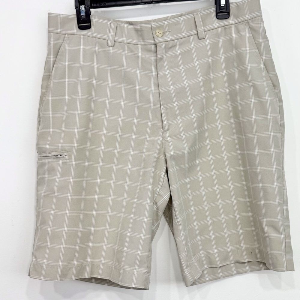 Grand Slam Tan White Checkered Plaid Flat Front Performance Golf Travel Shorts